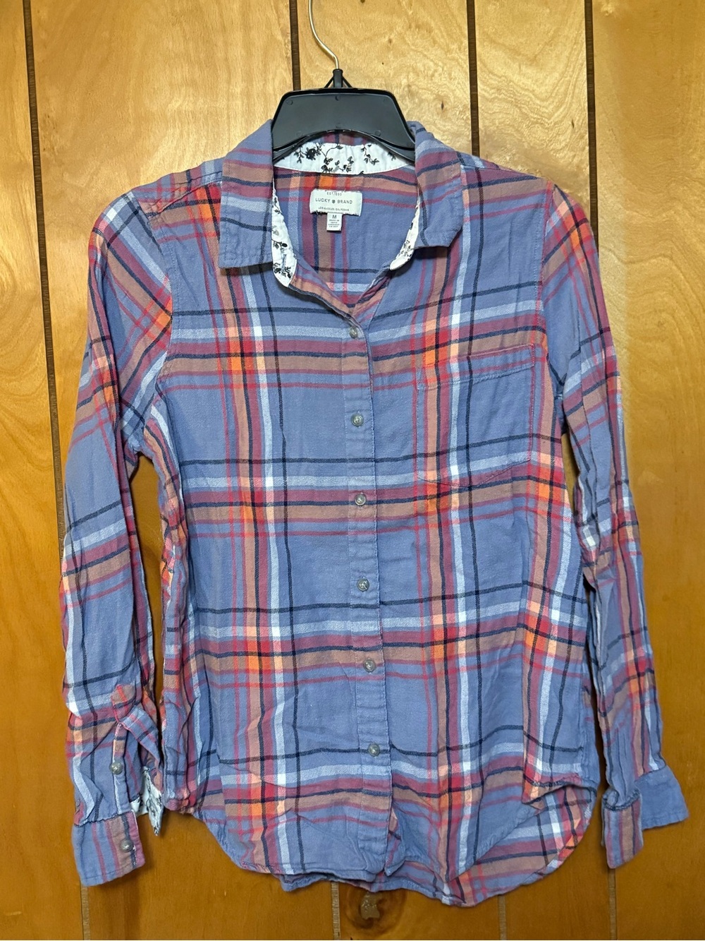 Lucky Brand Blue Plaid Shirt with Orange & Red Accents